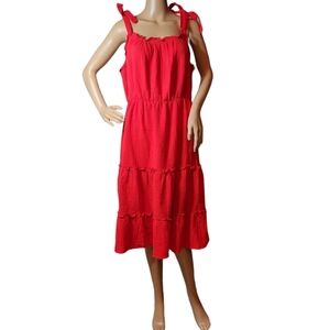 Indigo Rose red smocked cotton stretch tiered midi dress